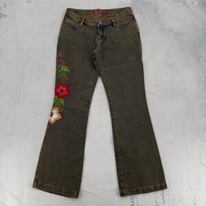 Vintage Floral Embroidered Sequin Tinted Wash Flare Jeans Olive‎ Brown Size 6